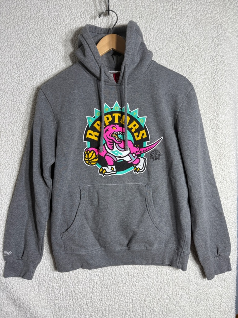 Mitchell & Ness Gray Hoodie with Pink & Teal Raptors Logo Size Medium Men’s